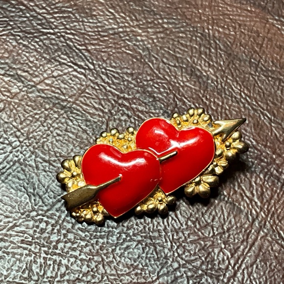 Gold Tone and Red Enamel Double Heart Brooch - Picture 1 of 1